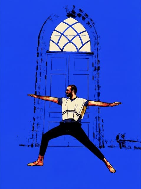 Asaf in warrior pose, halftone pop treatment