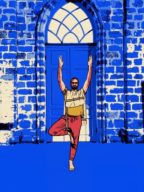 Asaf in tree pose, halftone pop treatment